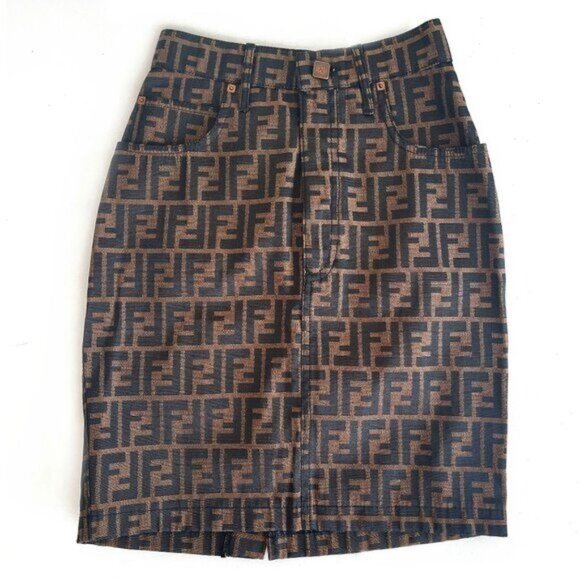 Authentic FENDI FF Zucca Vintage Printed Mini Skirt Brown Tan Pockets - Picture 2 of 12